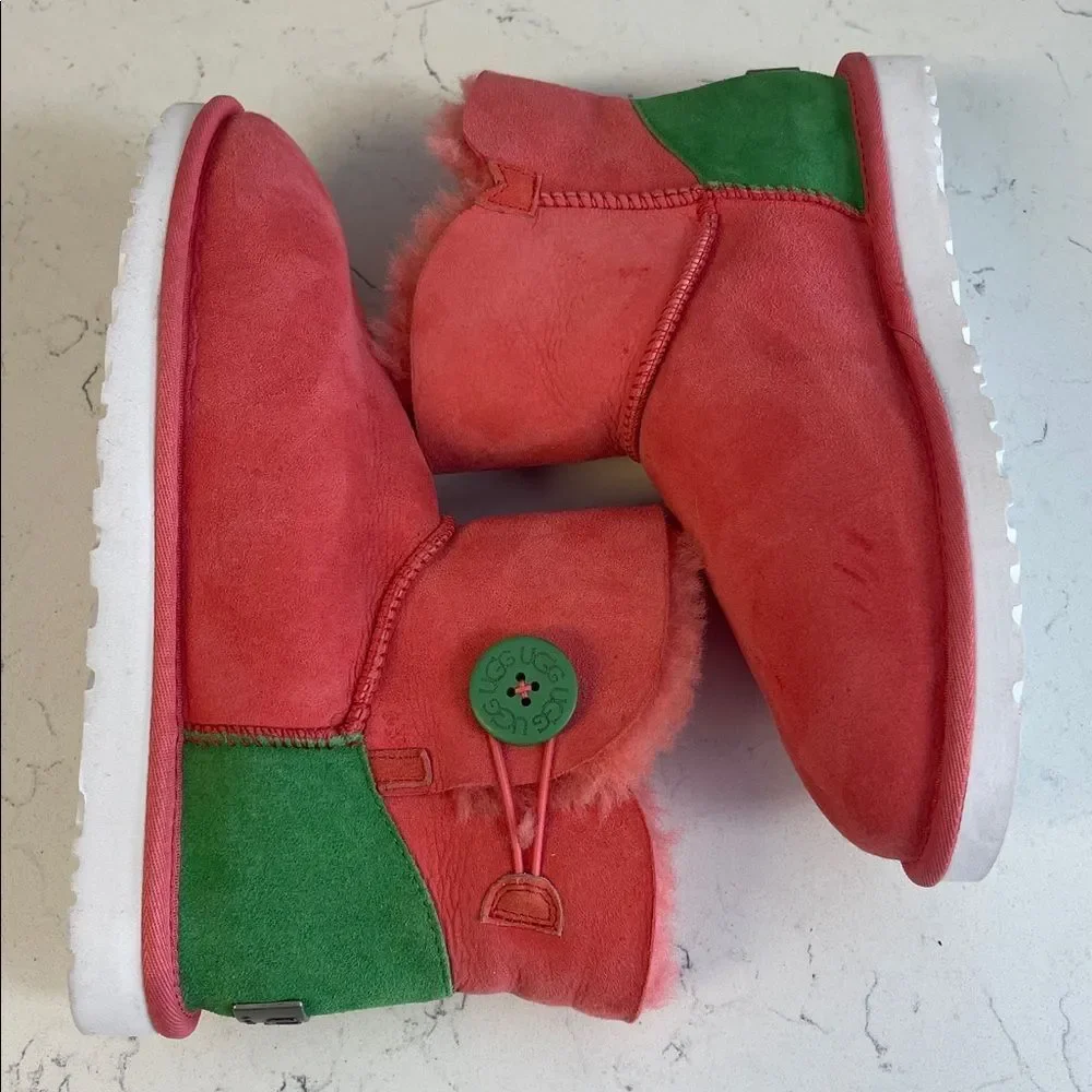 UGG Mini Bailey Button Neon Pink & Green Boots Style Number 1004318 Size 9 Rare